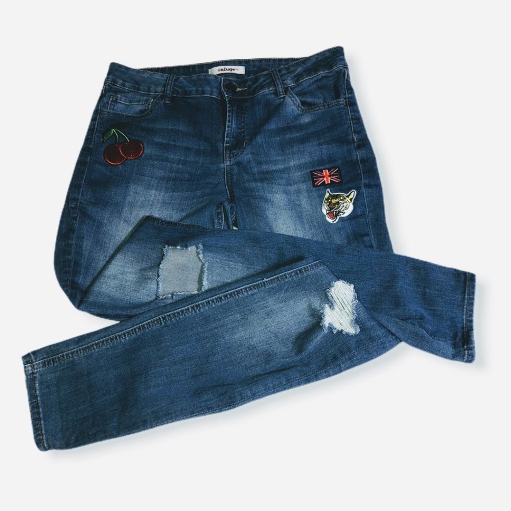 Refuge Distressed Patched Skinny Jeans-Sz 8